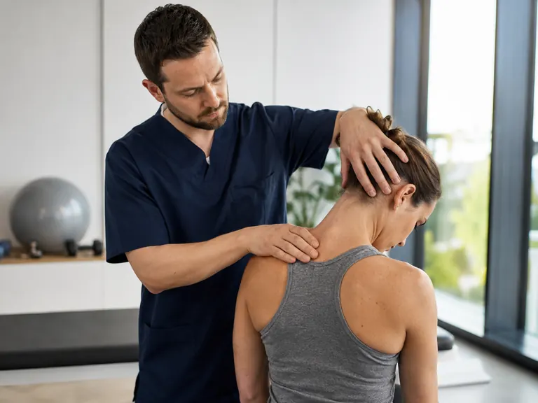 Fisioterapeuta tratando contractura de cuello y trapecio en consulta