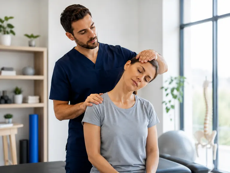 Fisioterapeuta tratando tensión cervical relacionada con dolor de cabeza en una clínica moderna de Plasencia
