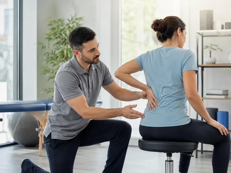 Fisioterapeuta valorando dolor lumbar al estar sentado en una clínica moderna de fisioterapia