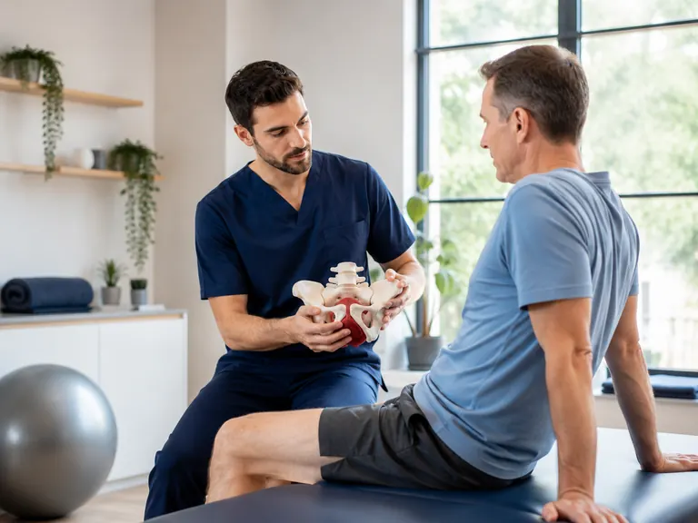 Fisioterapeuta explicando recuperación de suelo pélvico masculino tras prostatectomía